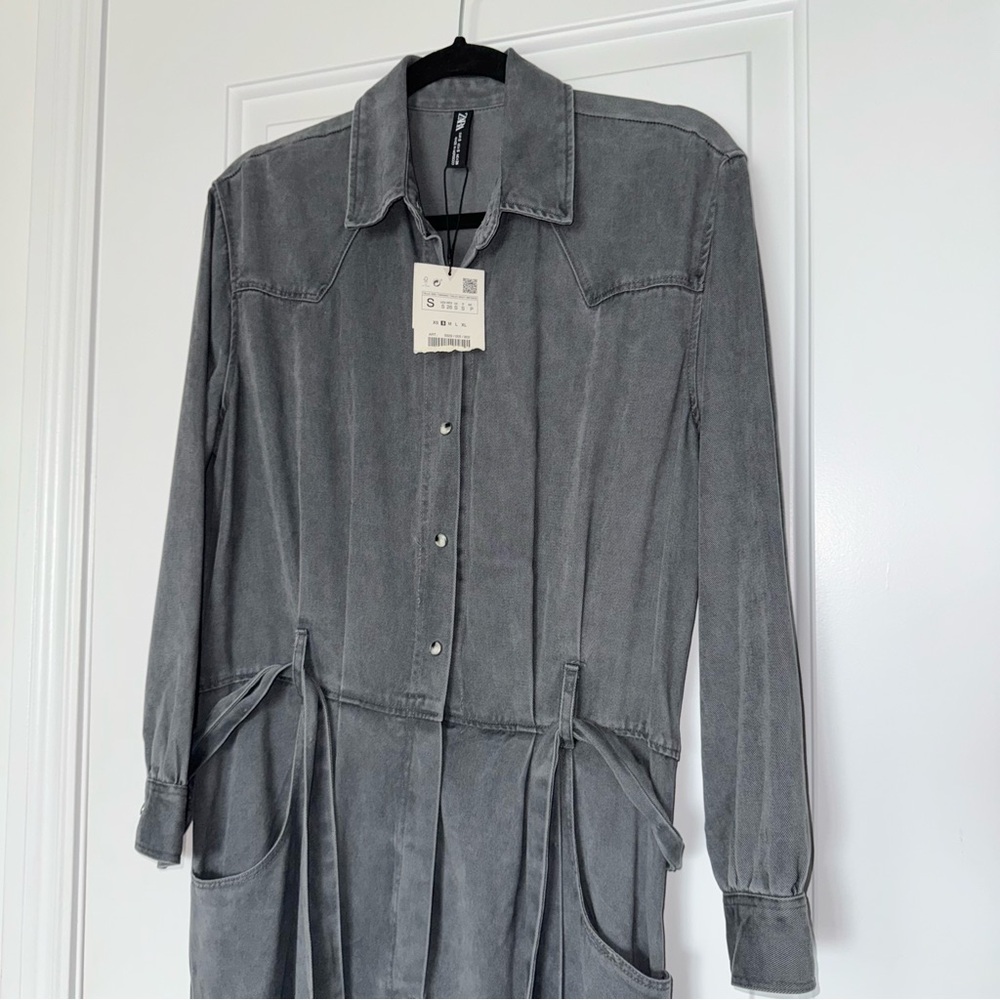 NWT Zara Grey Jumpsuit buttoned with waist tie and elastic hems, Small - Picture 10 of 14